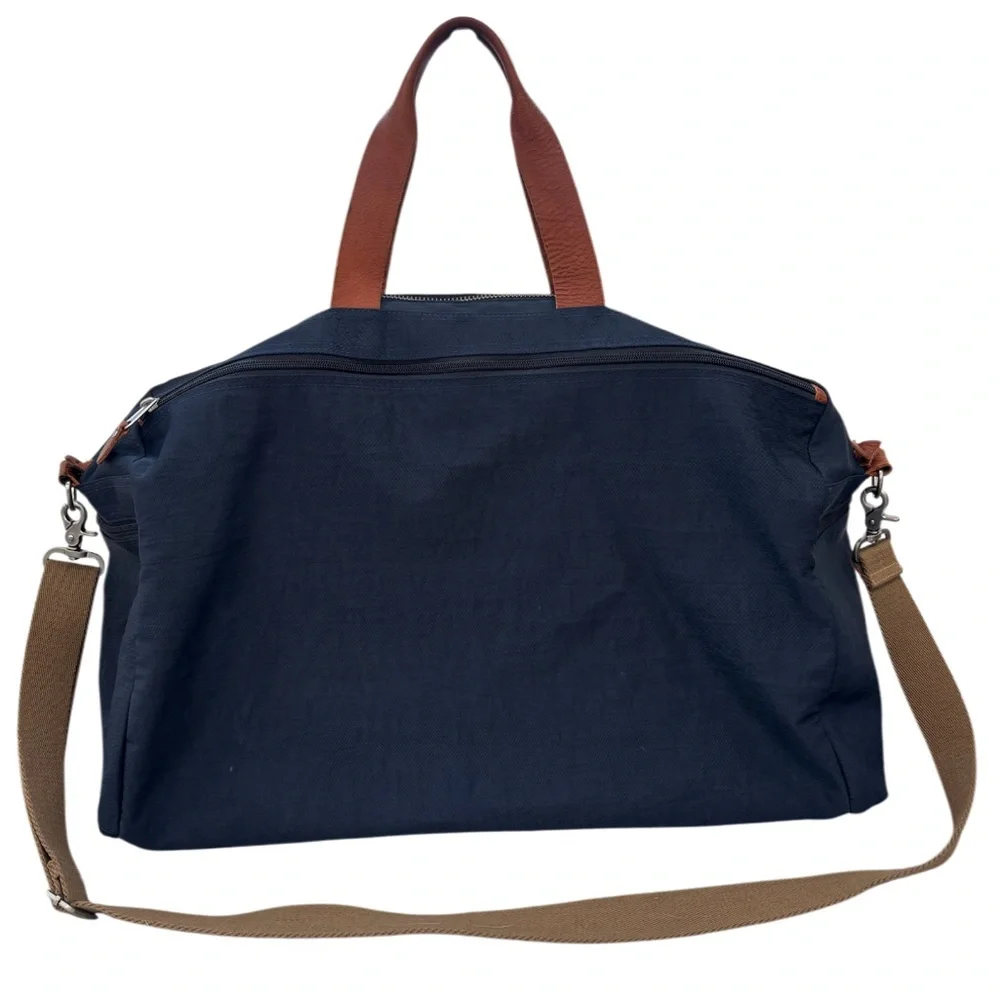 J Crew Duffle Bag Harwick Overnight Bag Weekend Travel Leather Fabric Navy Brown